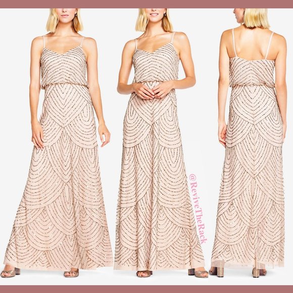 NEW $260 Adrianna Papell Art Deco Beaded Blouson Gown‎ Taupe Pink [ Petite 8P ] - Picture 1 of 11